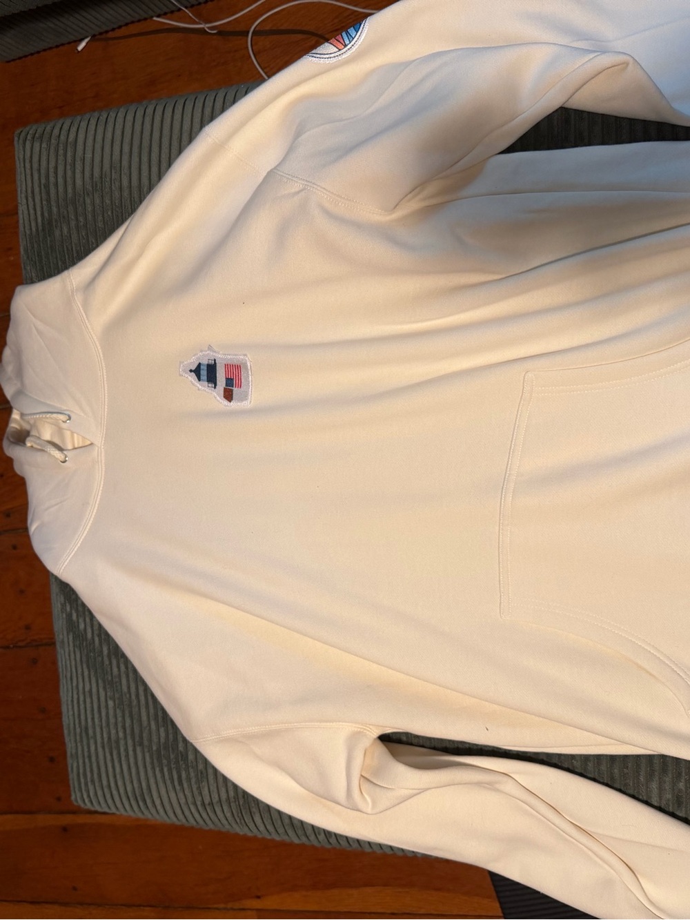 Boden Cream Crewneck Sweatshirt with Shield Patch